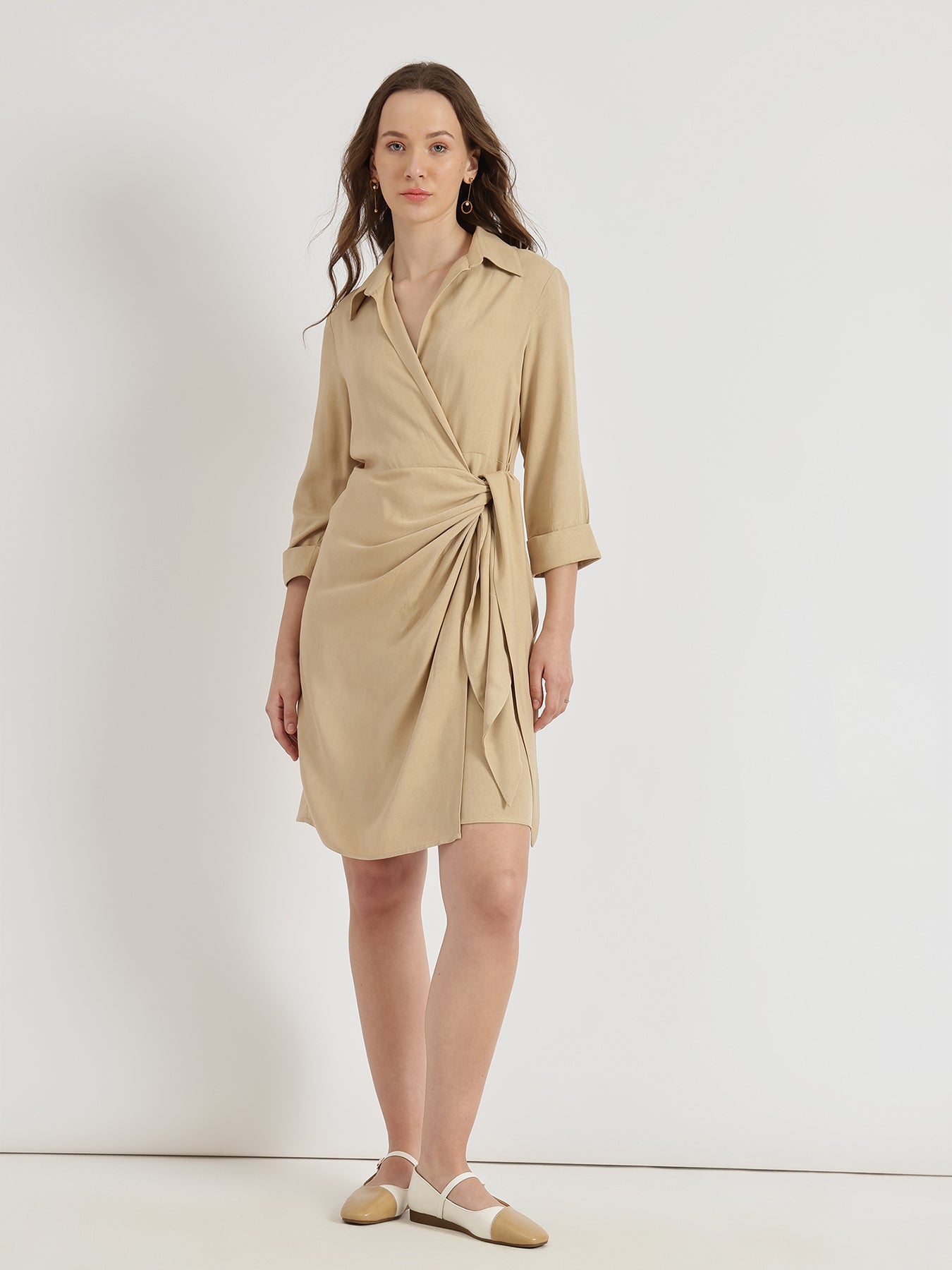 Shirt Collar Wrap Dress - Beige