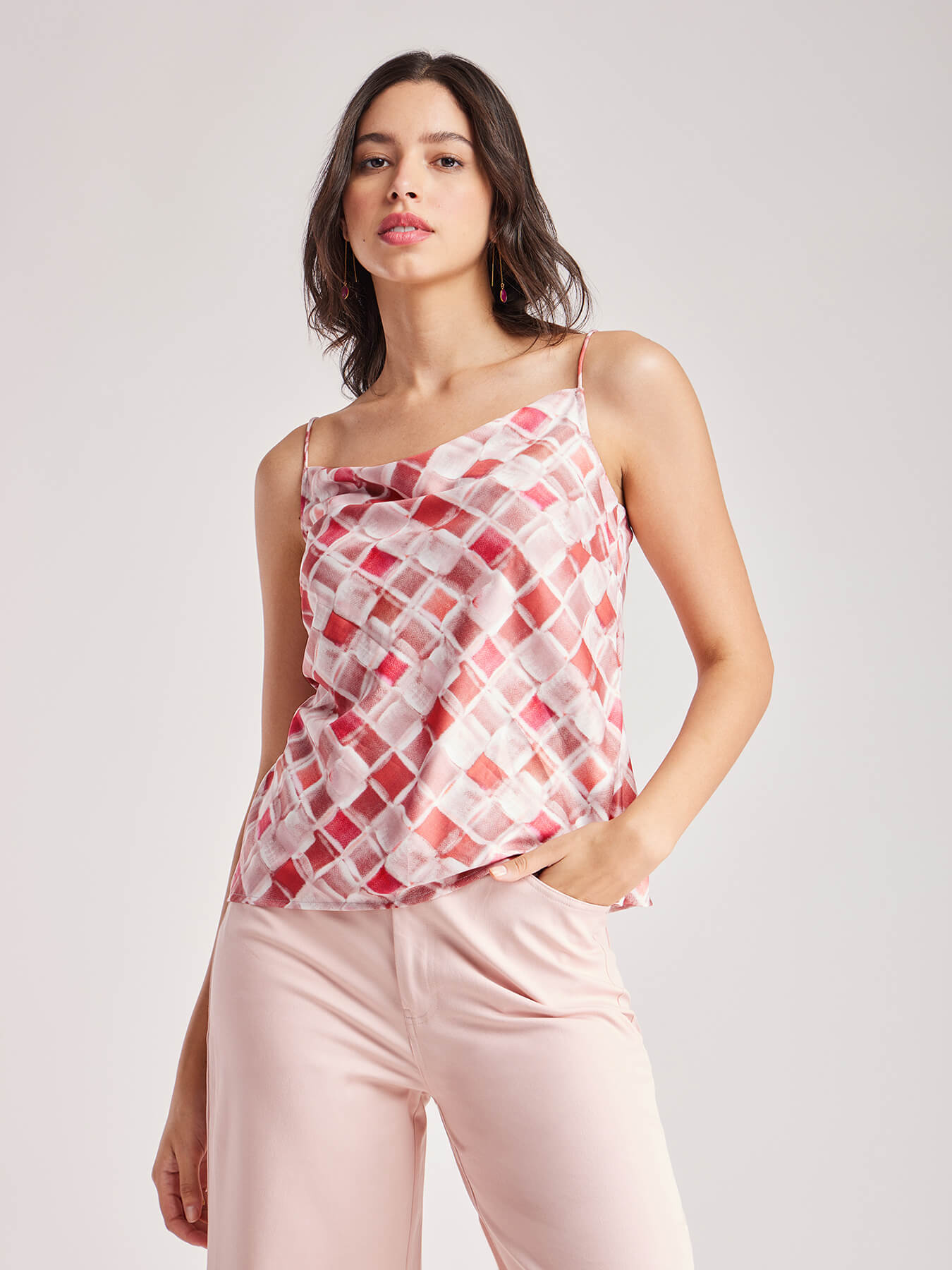 Geometric Print Cowl Neck Camisole - Pink