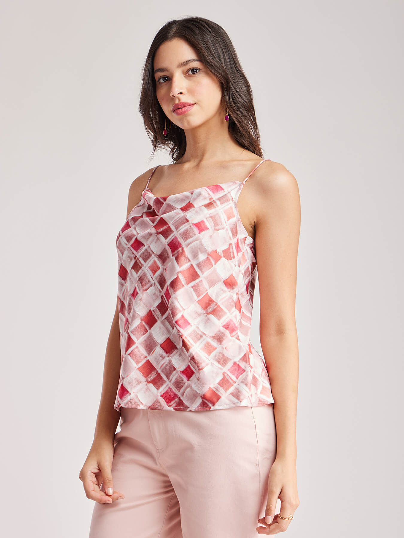 Geometric Print Cowl Neck Camisole - Pink