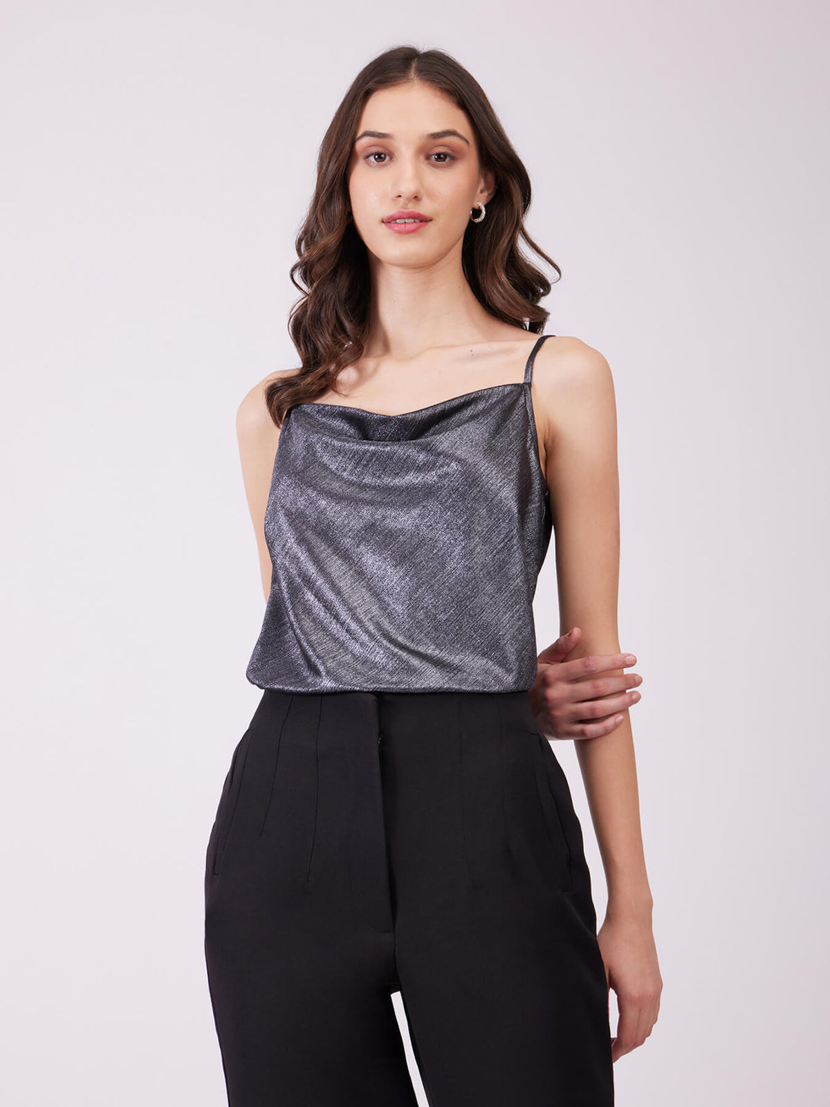 Metallic Cowl Neck Camisole - Black And Silver