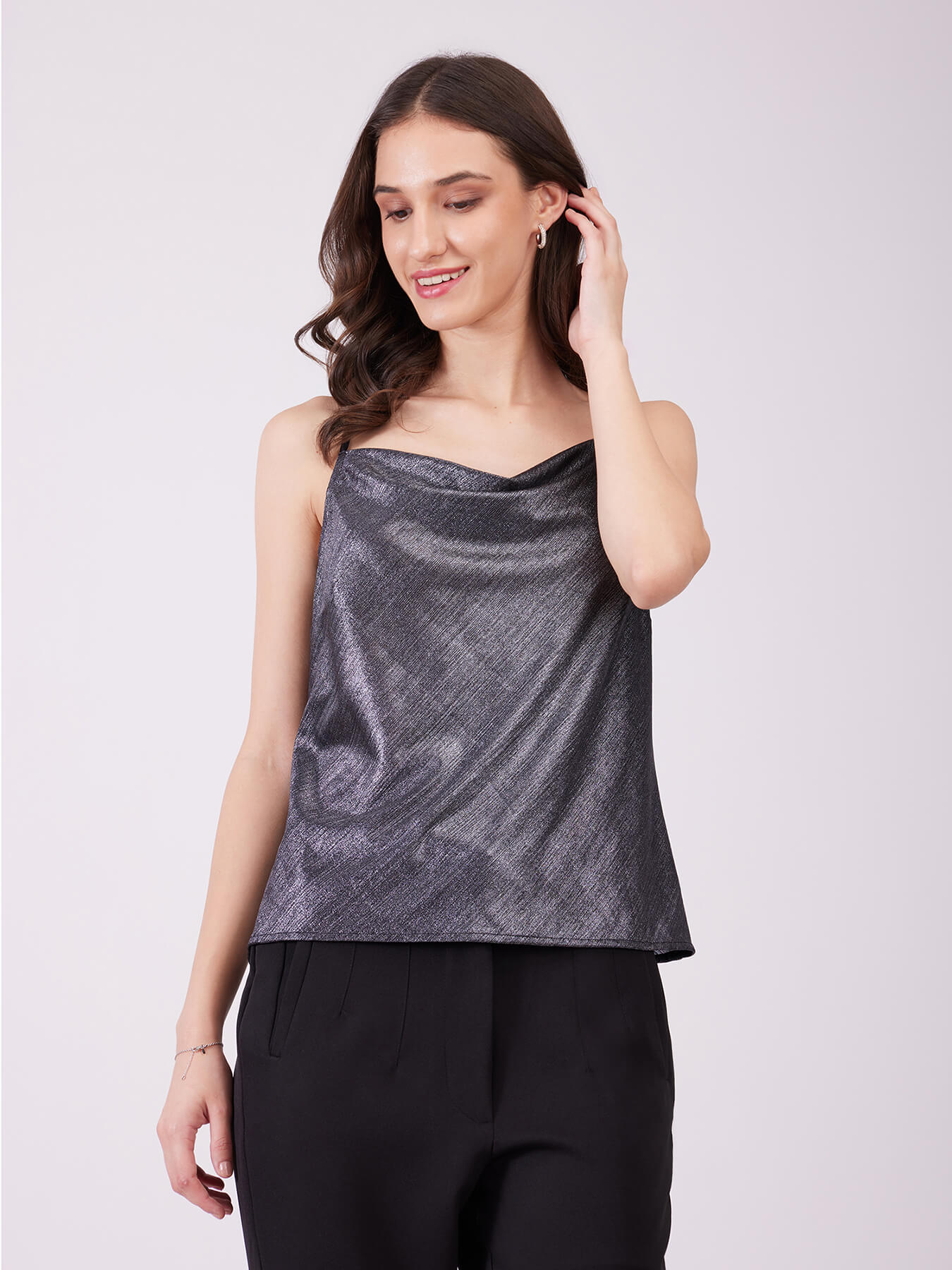 Metallic Cowl Neck Camisole - Black And Silver