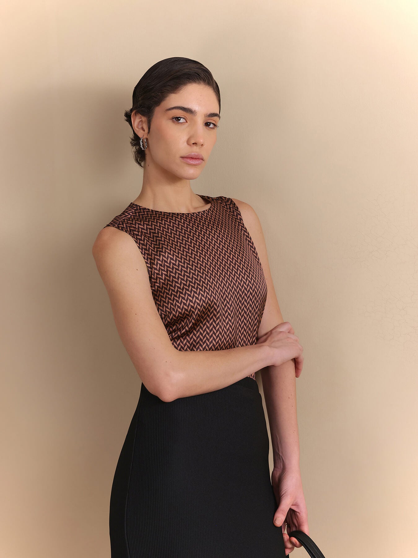 Satin Retro Print Camisole - Dusty Pink & Brown