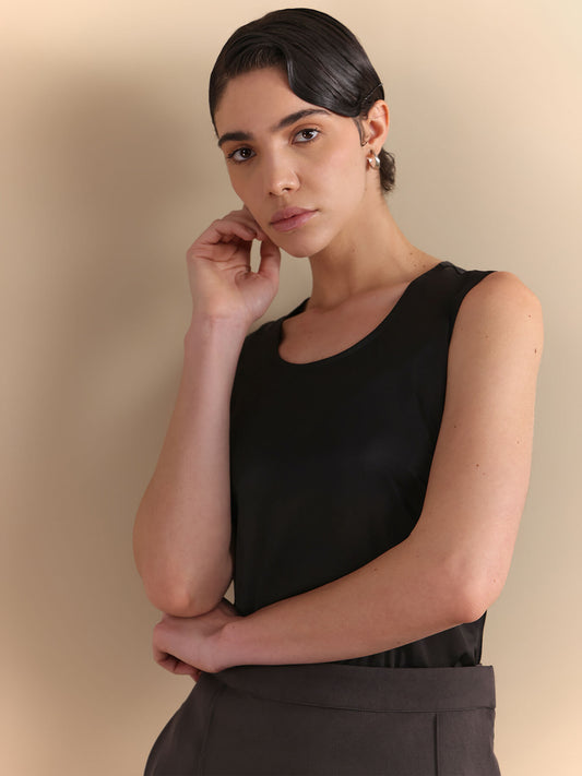 Satin Scoop Neck Camisole - Black