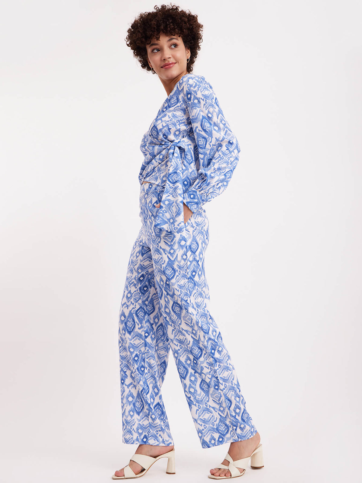 Wrap Top And Trouser Co-ord - White And Blue