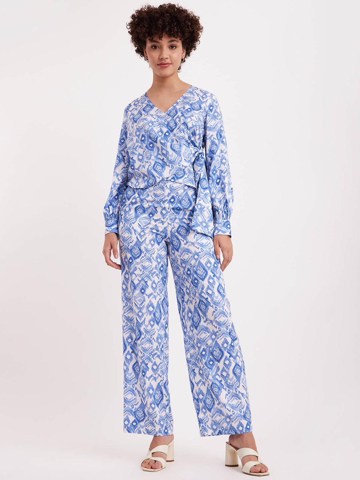 Wrap Top And Trouser Co-ord - White And Blue