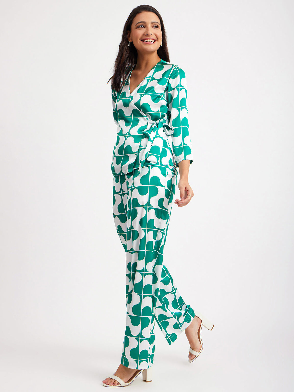 Satin Shirt And Pants Co-ord - Green And White
