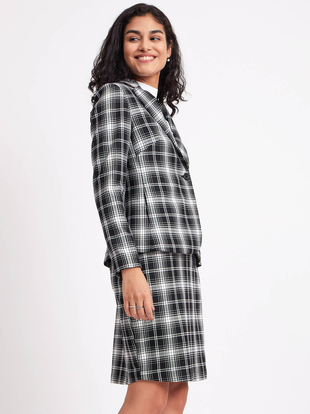 Checkered Blazer And Skirt Co-ord - Black And White