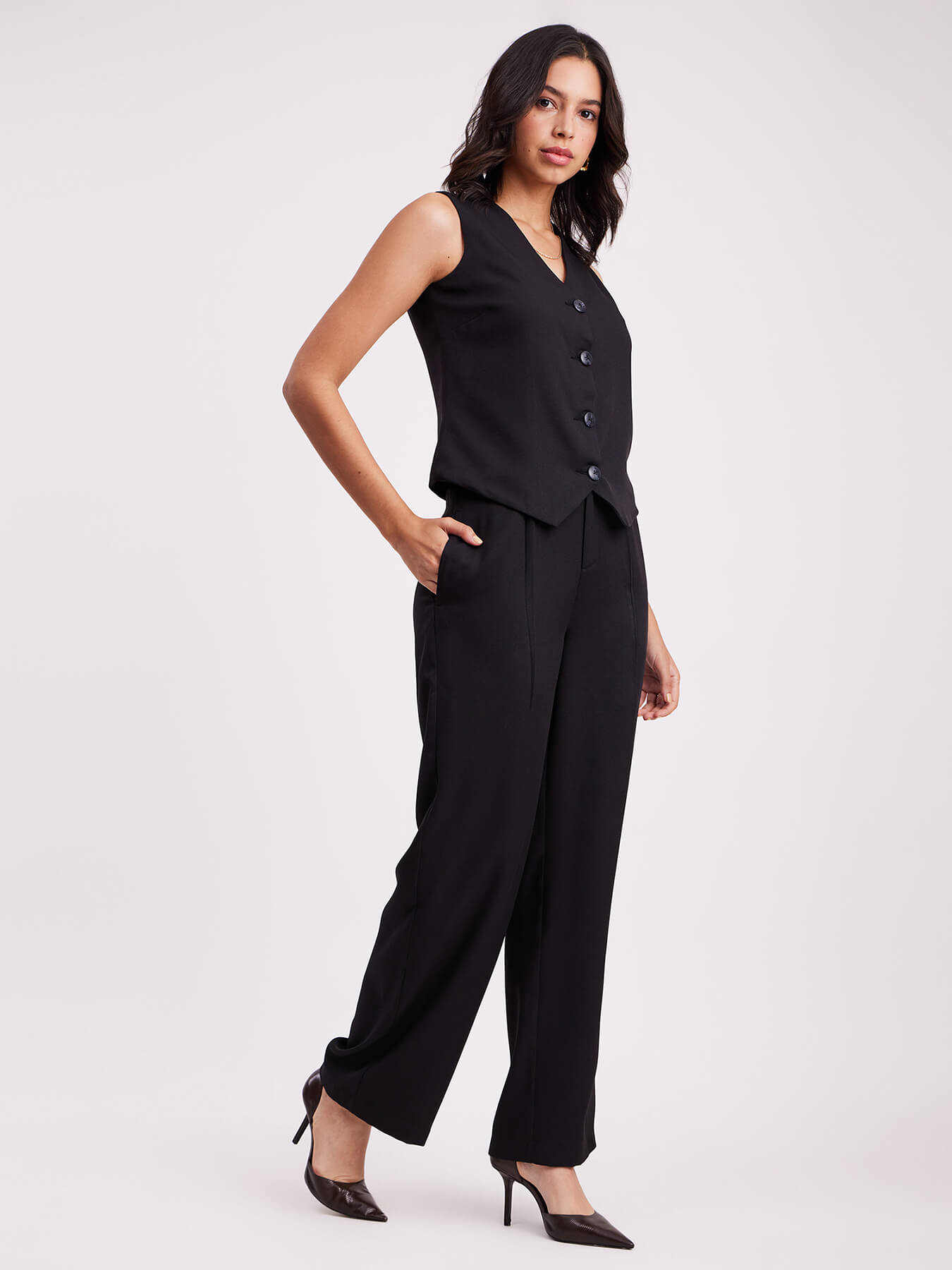 Button Detail Top & Front Pleat Trouser Co-ord - Black