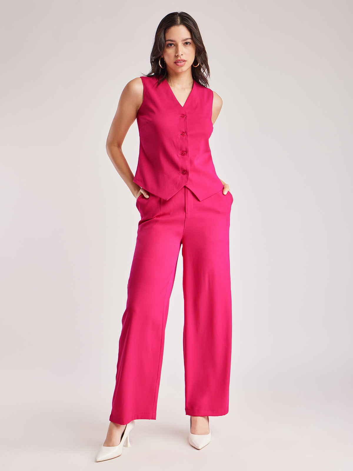 Solid V Neck Top And Trouser Coord - Fuchsia