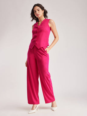 Solid V Neck Top And Trouser Coord - Fuchsia