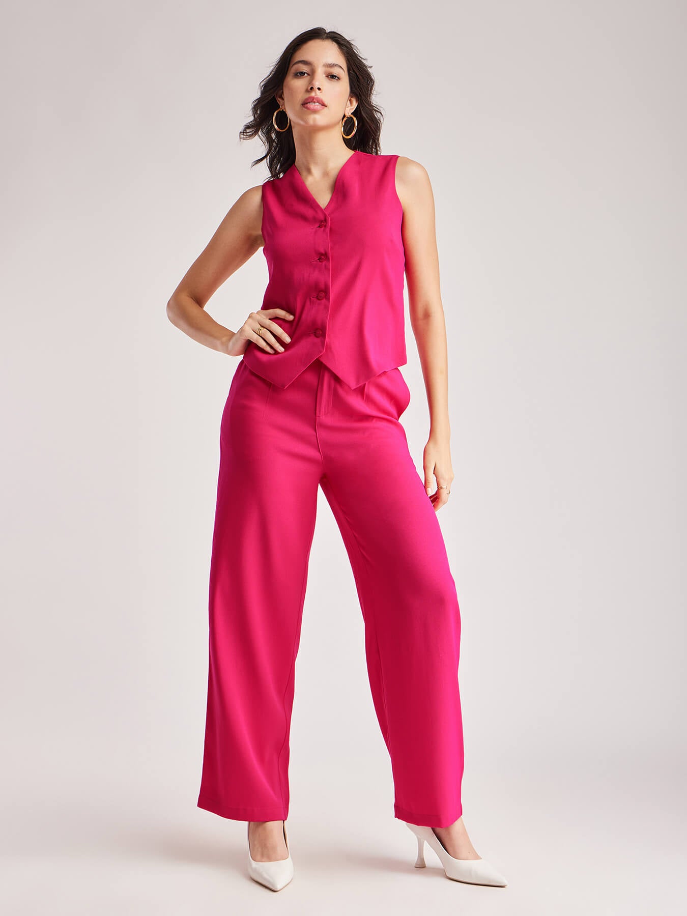 Solid V Neck Top And Trouser Coord - Fuchsia