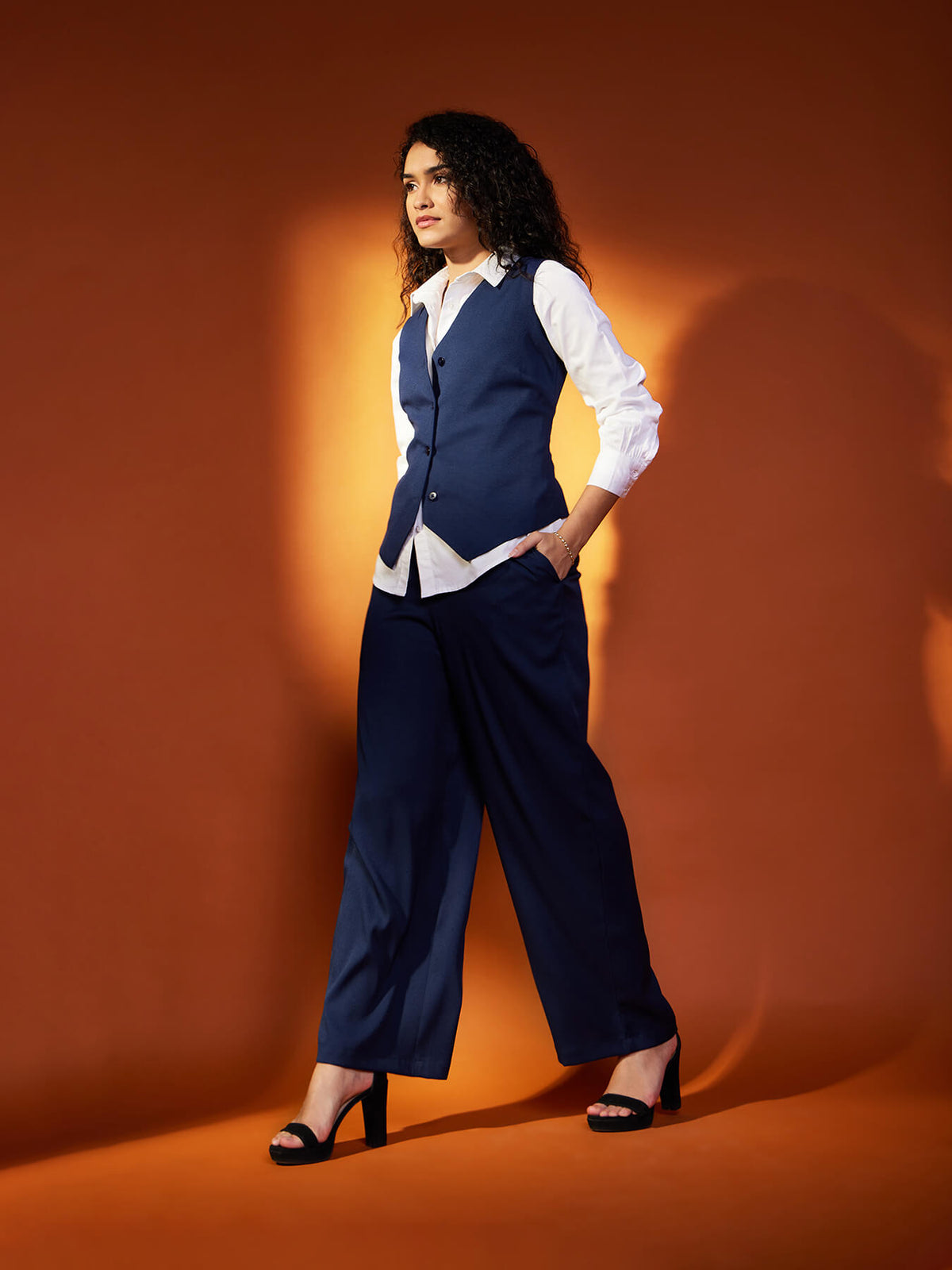 Solid V Neck Top And Trouser Coord - Navy Blue