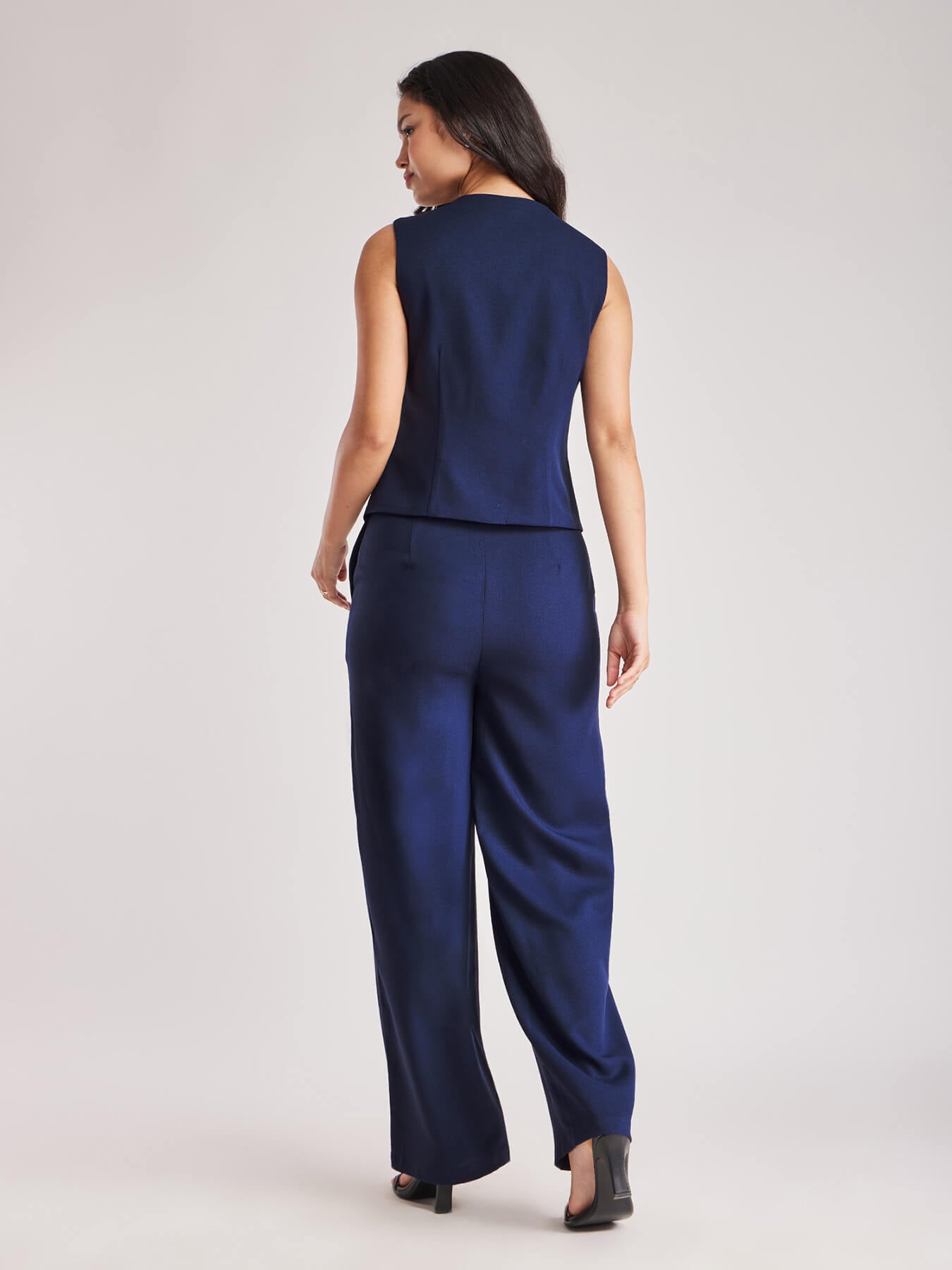 Solid V Neck Top And Trouser Coord - Navy Blue