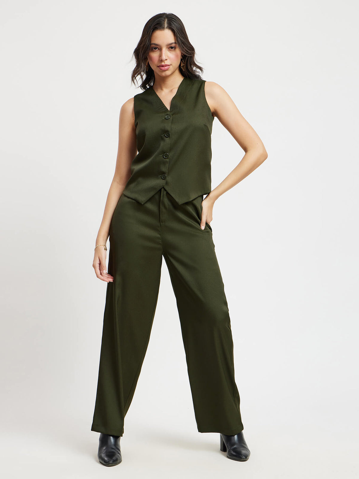 Button Down Vest And Trousers Co-ord Set - Olive