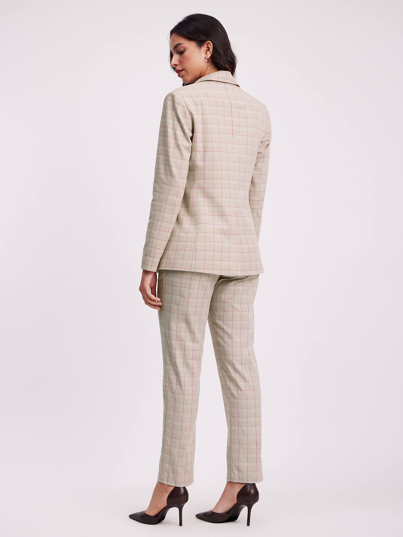 Checkered Blazer And Trouser Co-ord - Beige