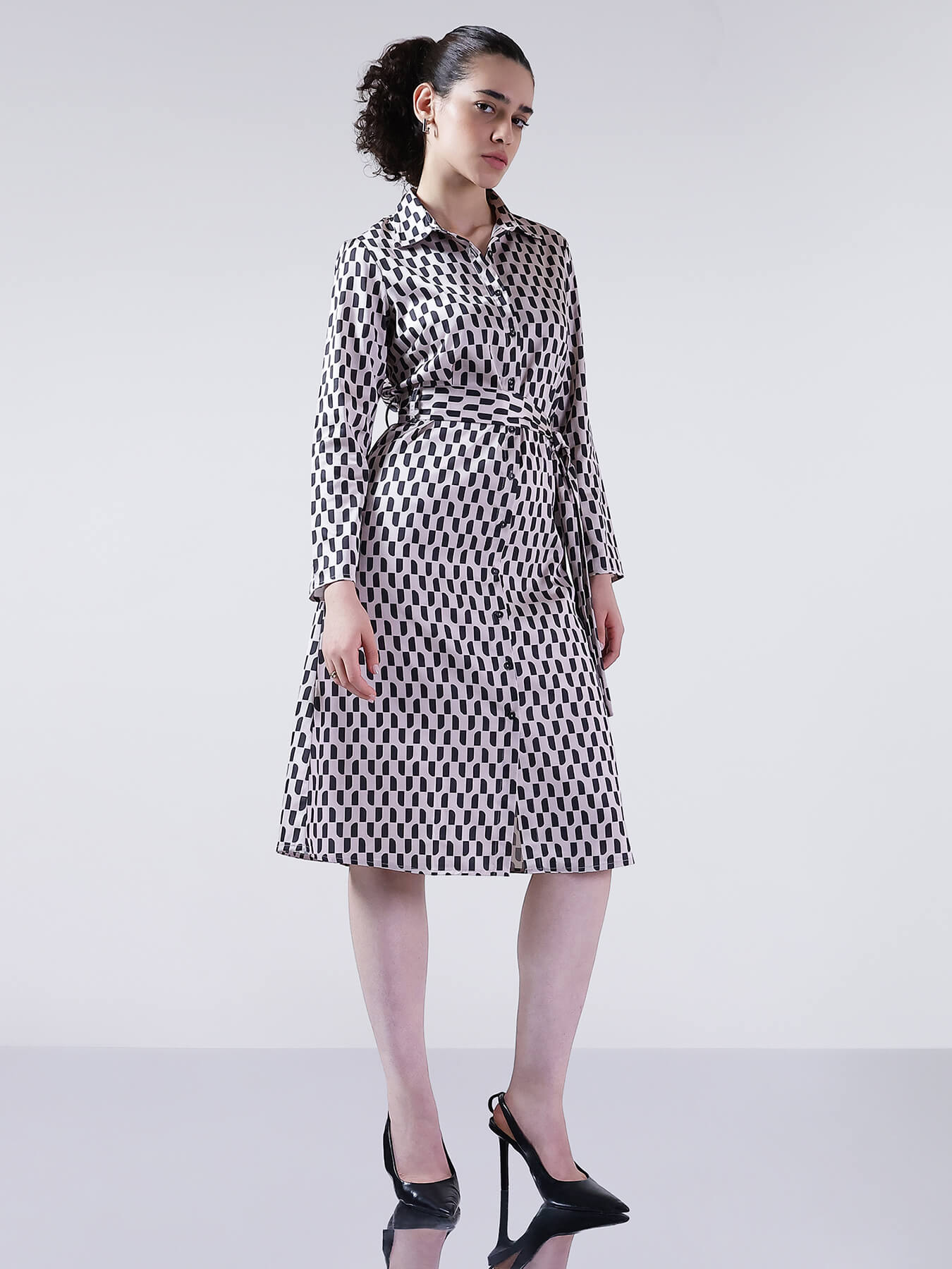 Satin A-Line Buttondown Dress - Black