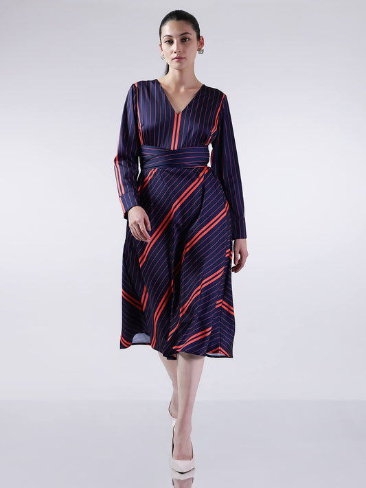 Striped Fit And Flare Dresses - Navy And Red