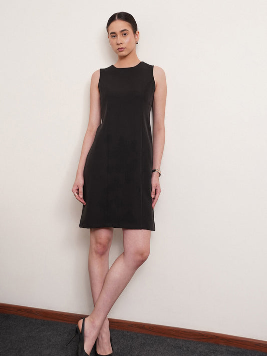 Crew Neck Shift Dress - Black