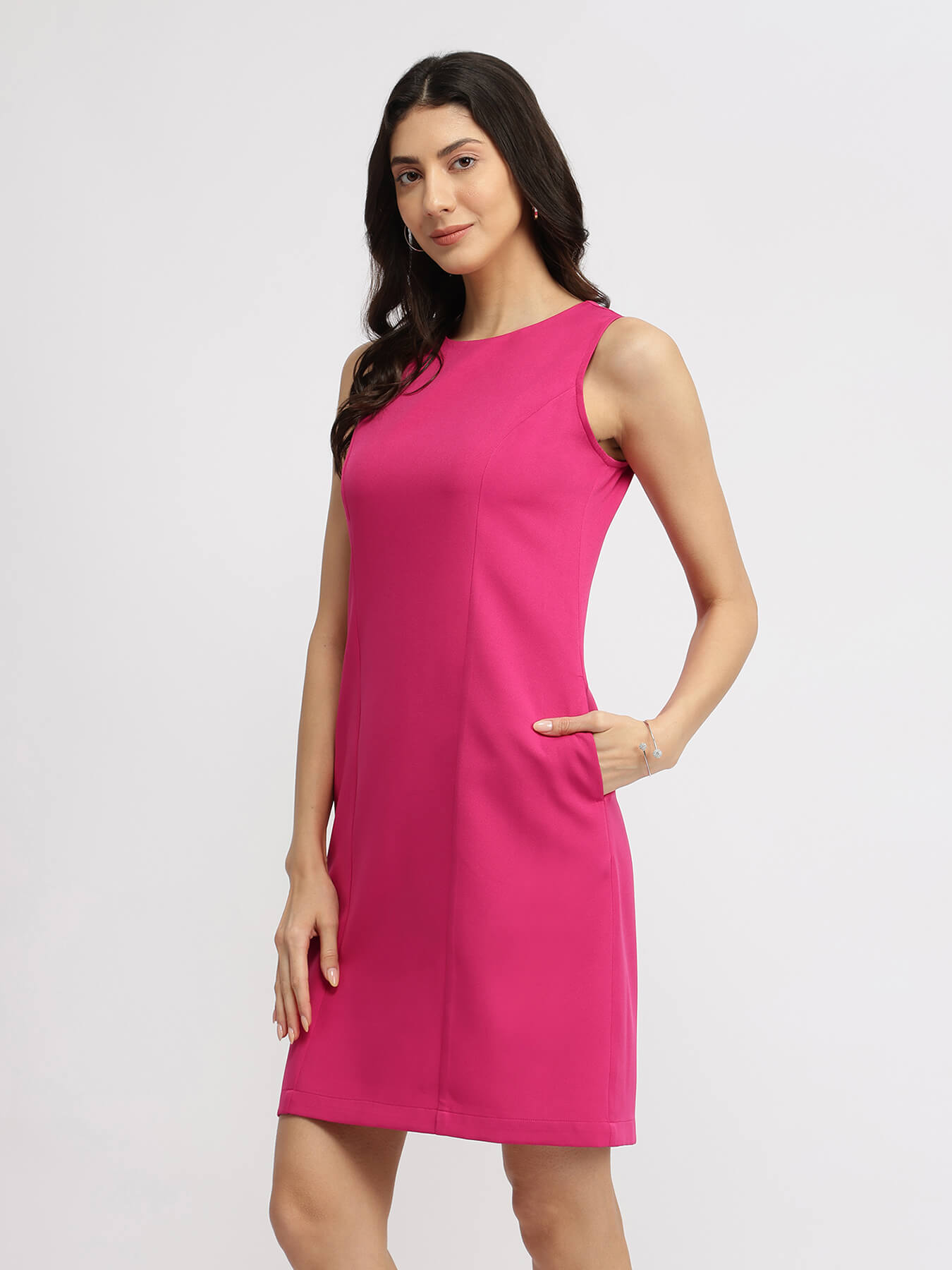 Crew Neck Shift Dress - Fuchsia Pink