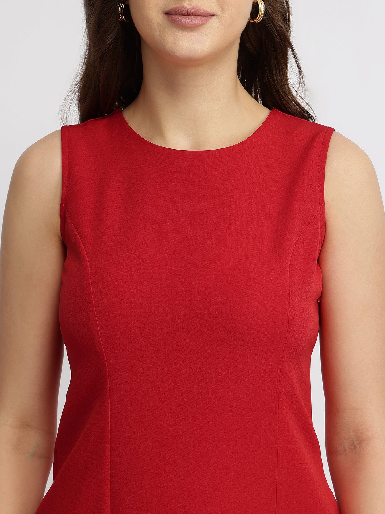 Crew Neck Shift Dress - Red