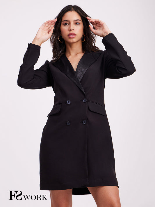 Satin Collar Blazer Dress - Black