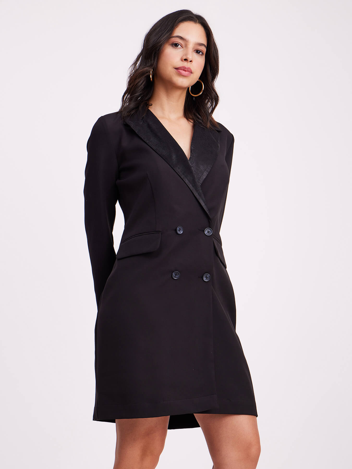 Satin Collar Blazer Dress - Black