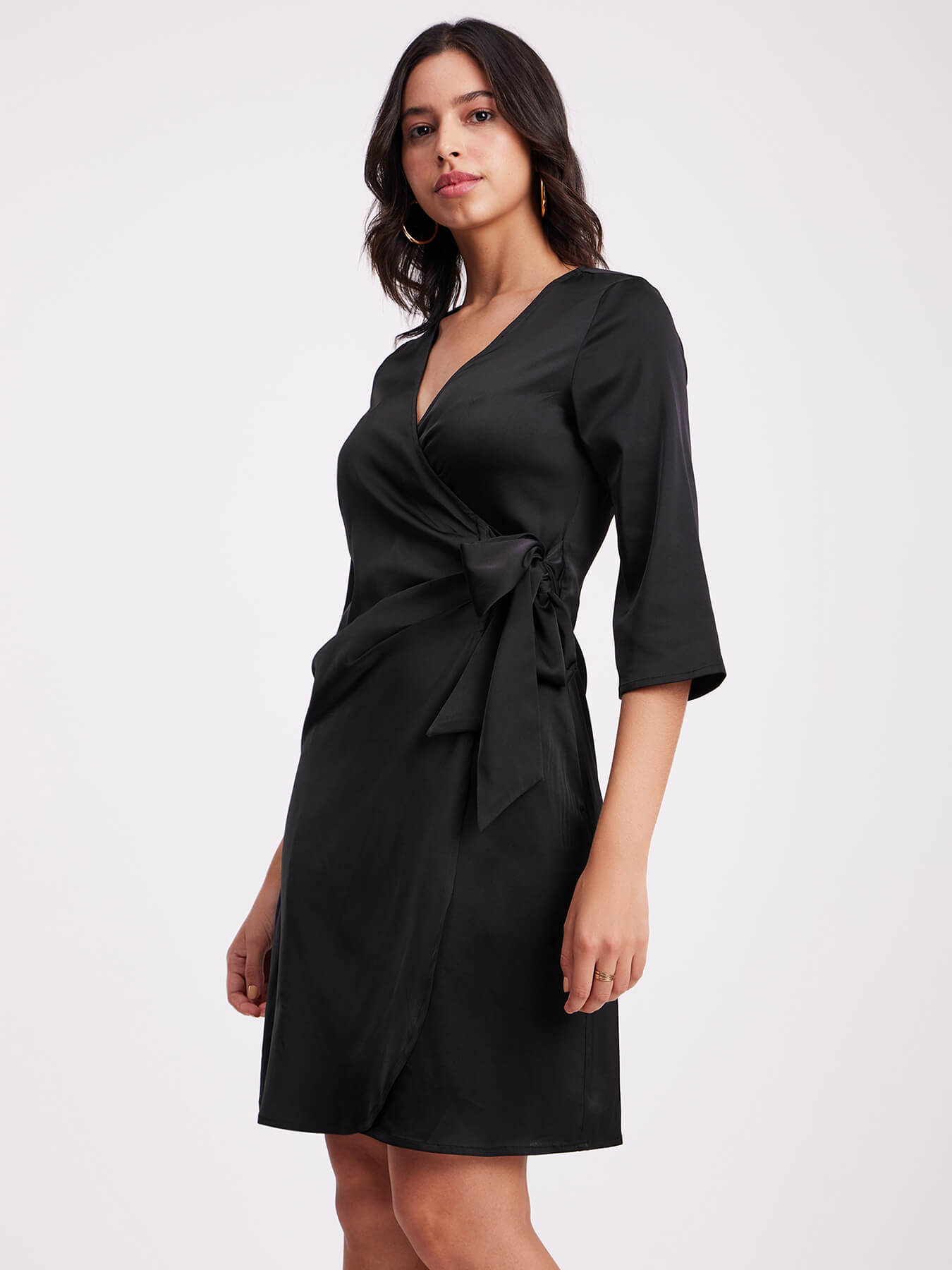 Satin Wrap Dress - Black