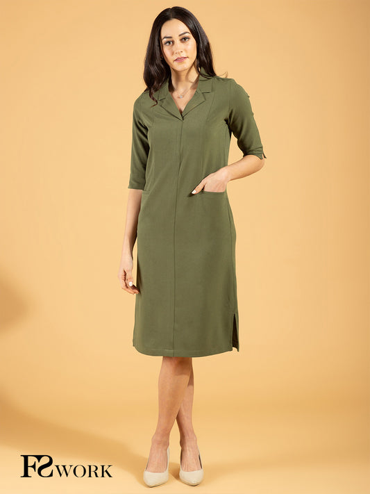 Front Pocket Lapel Dress - Moss Green