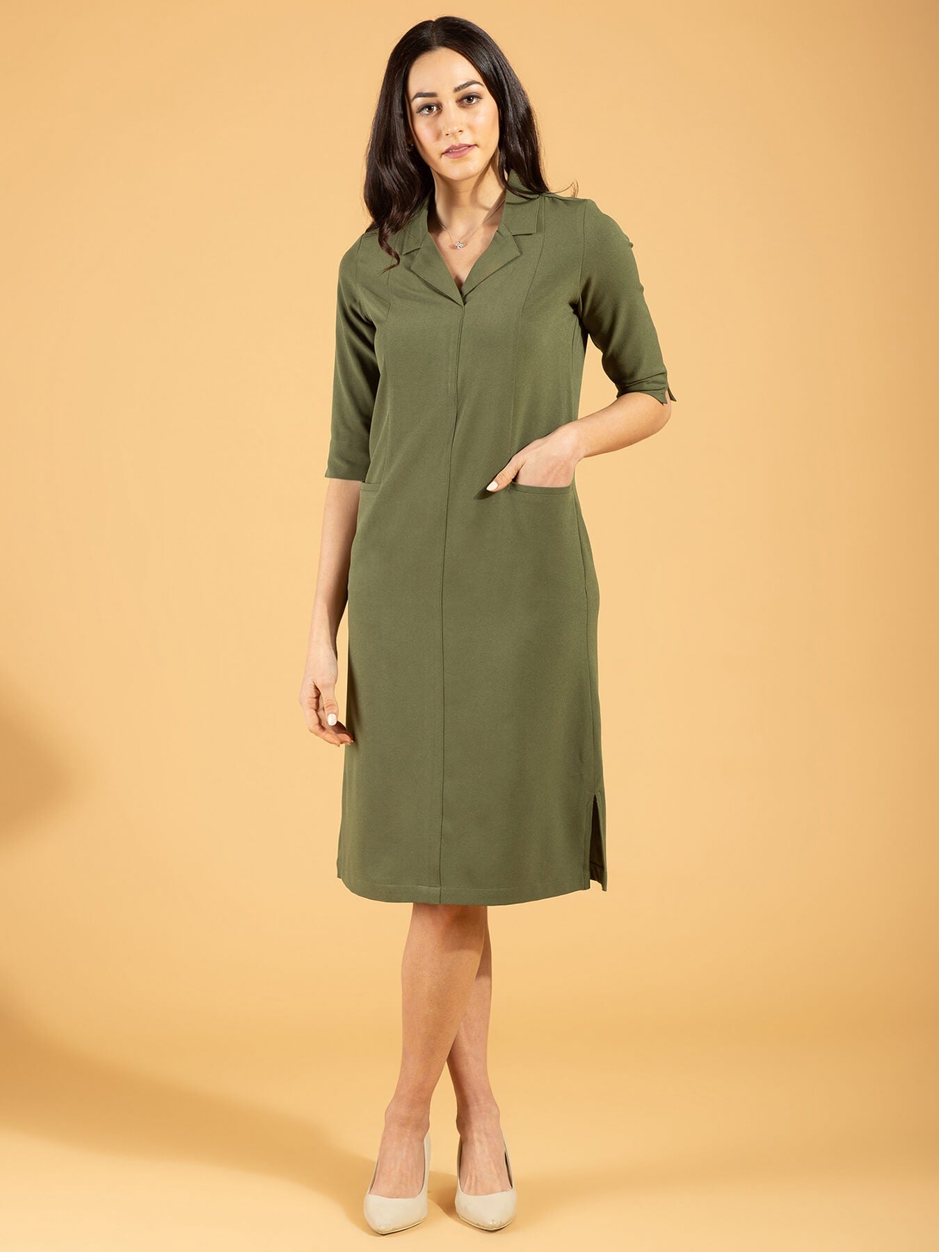 Front Pocket Lapel Dress - Moss Green| Formal Dresses