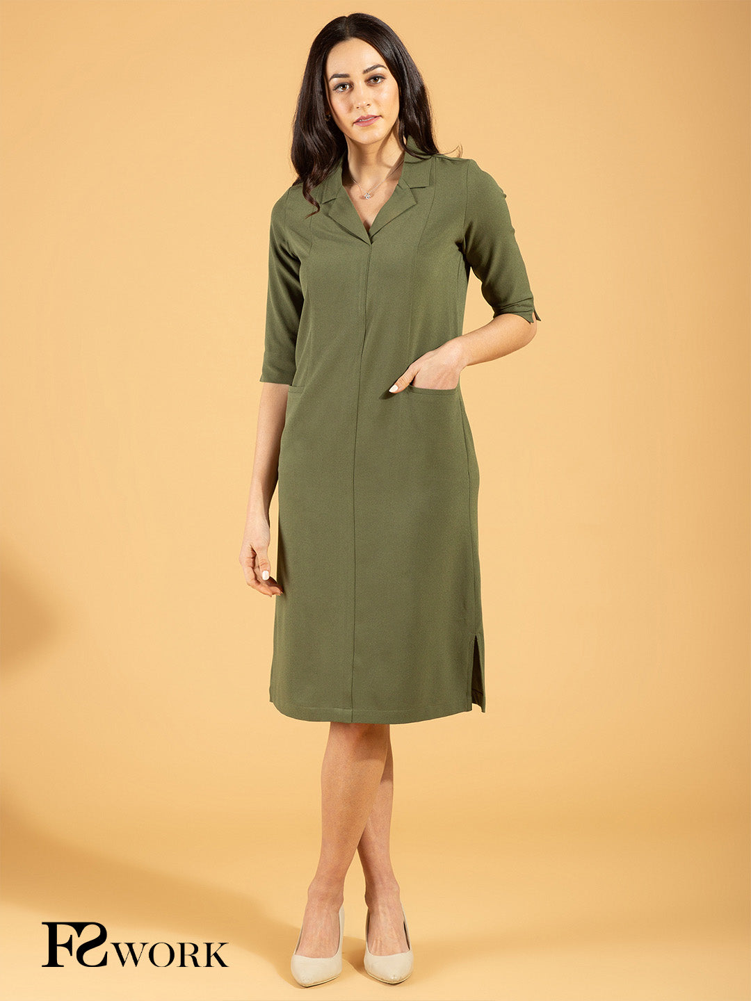 Front Pocket Lapel Dress - Moss Green