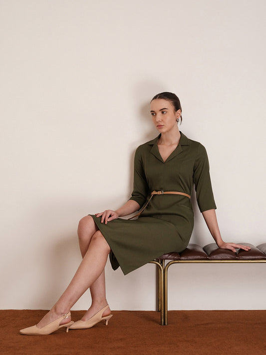 Front Pocket Lapel Dress - Moss Green