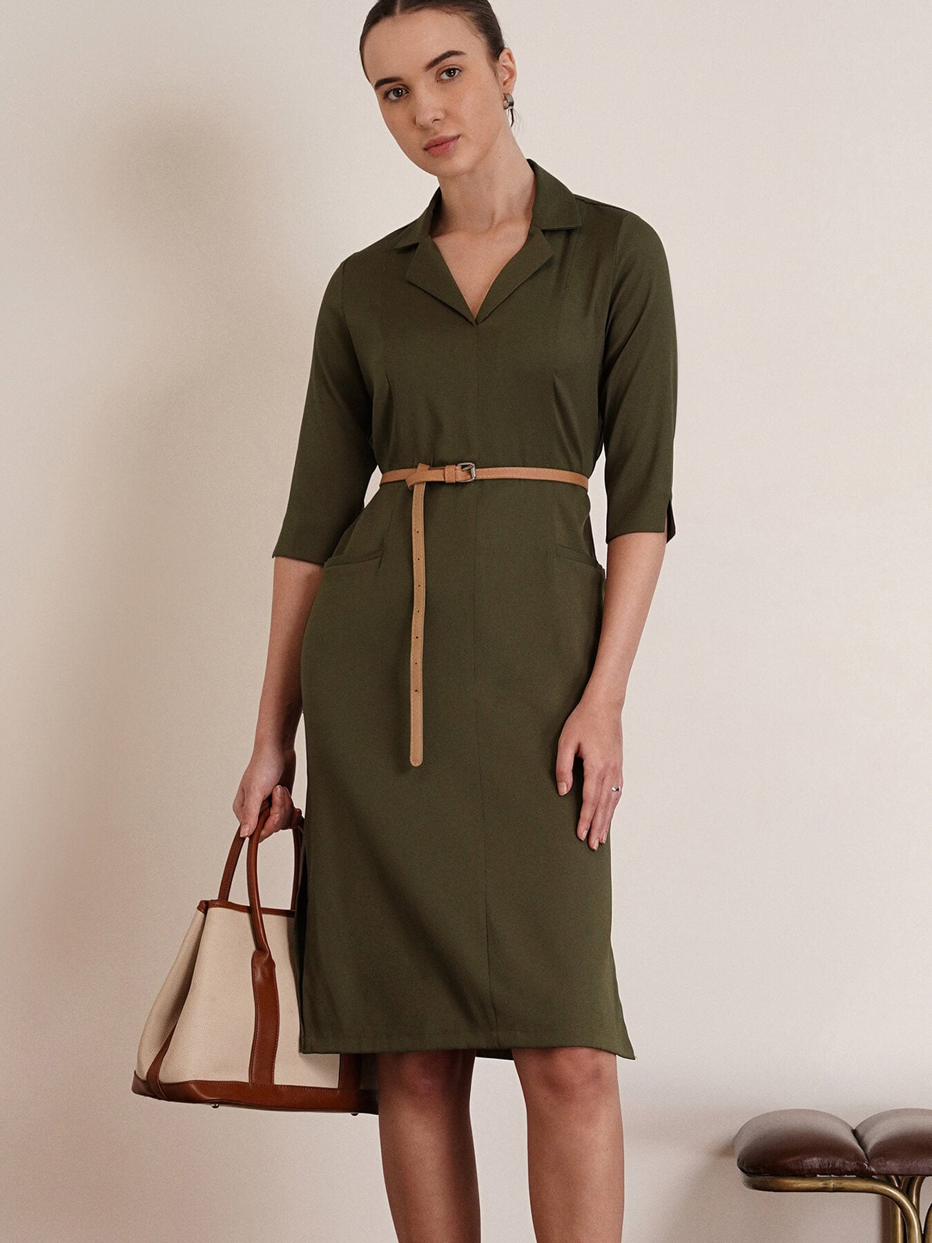 Front Pocket Lapel Dress - Moss Green