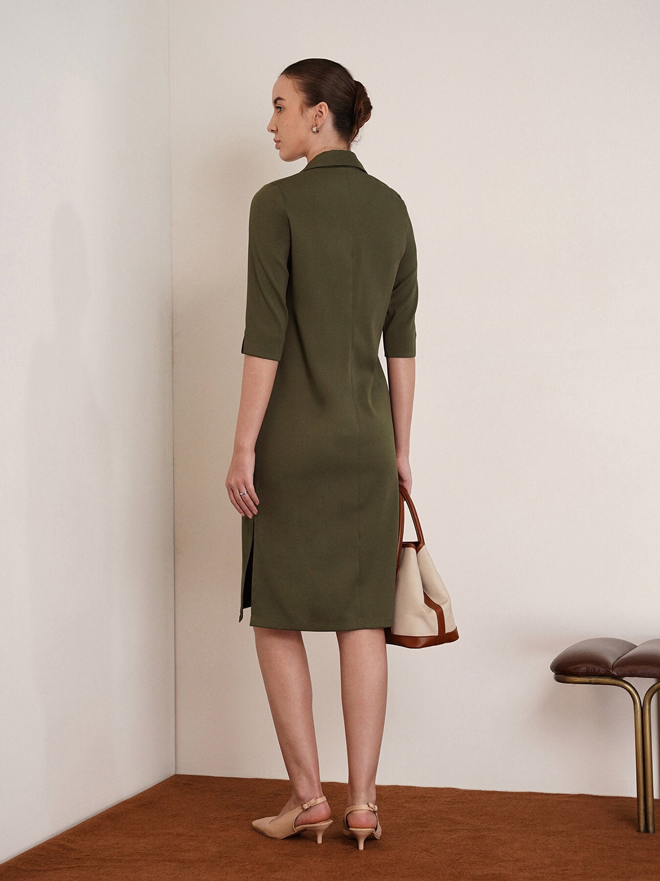 Front Pocket Lapel Dress - Moss Green
