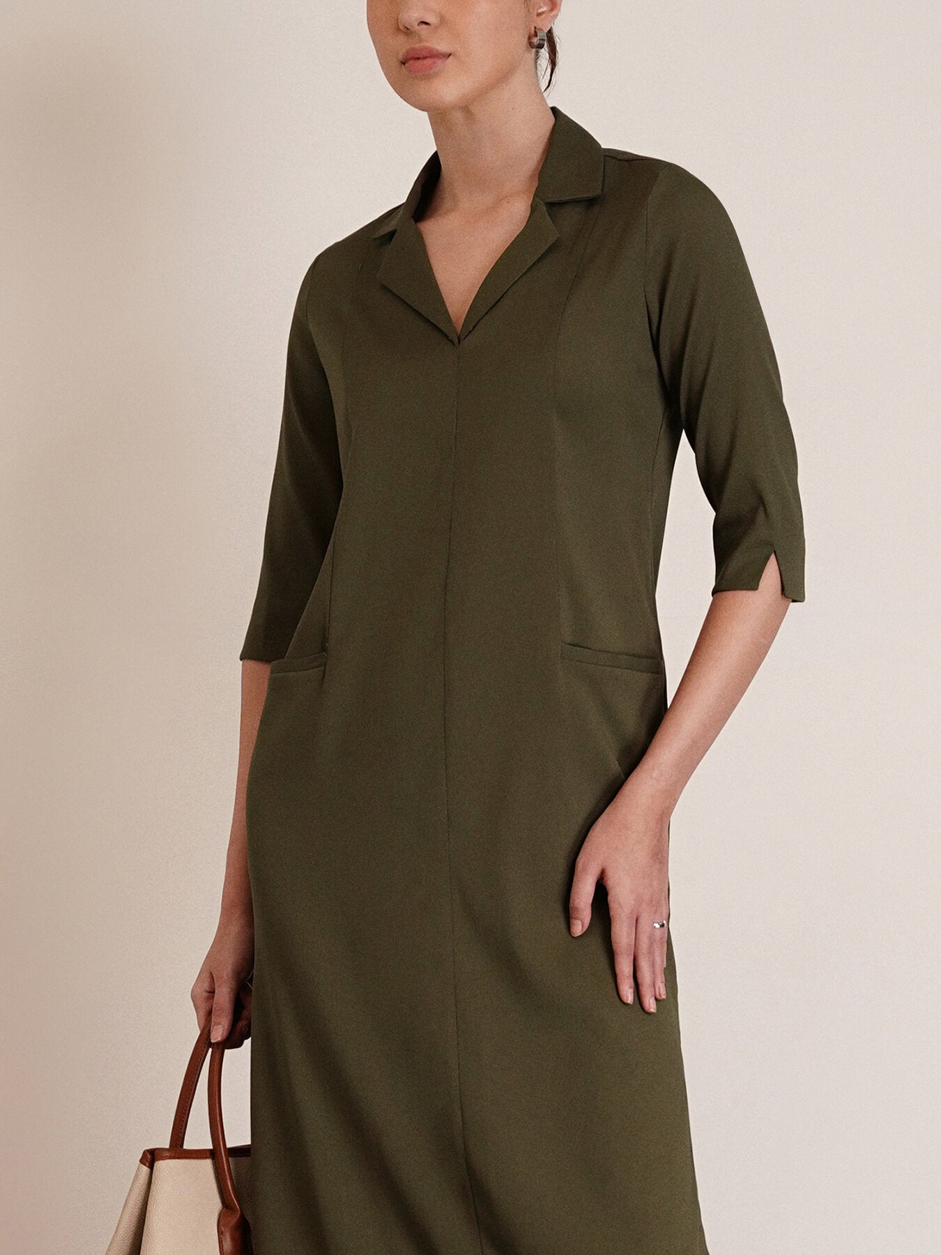 Front Pocket Lapel Dress - Moss Green
