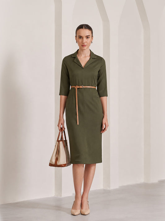 Front Pocket Lapel Dress - Moss Green