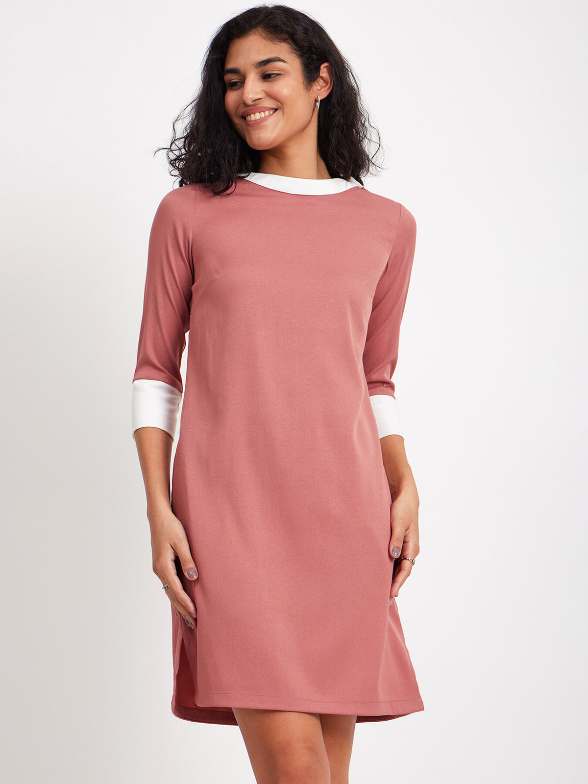 Colour Block Quarter Sleeves Dress - Dusty Pink