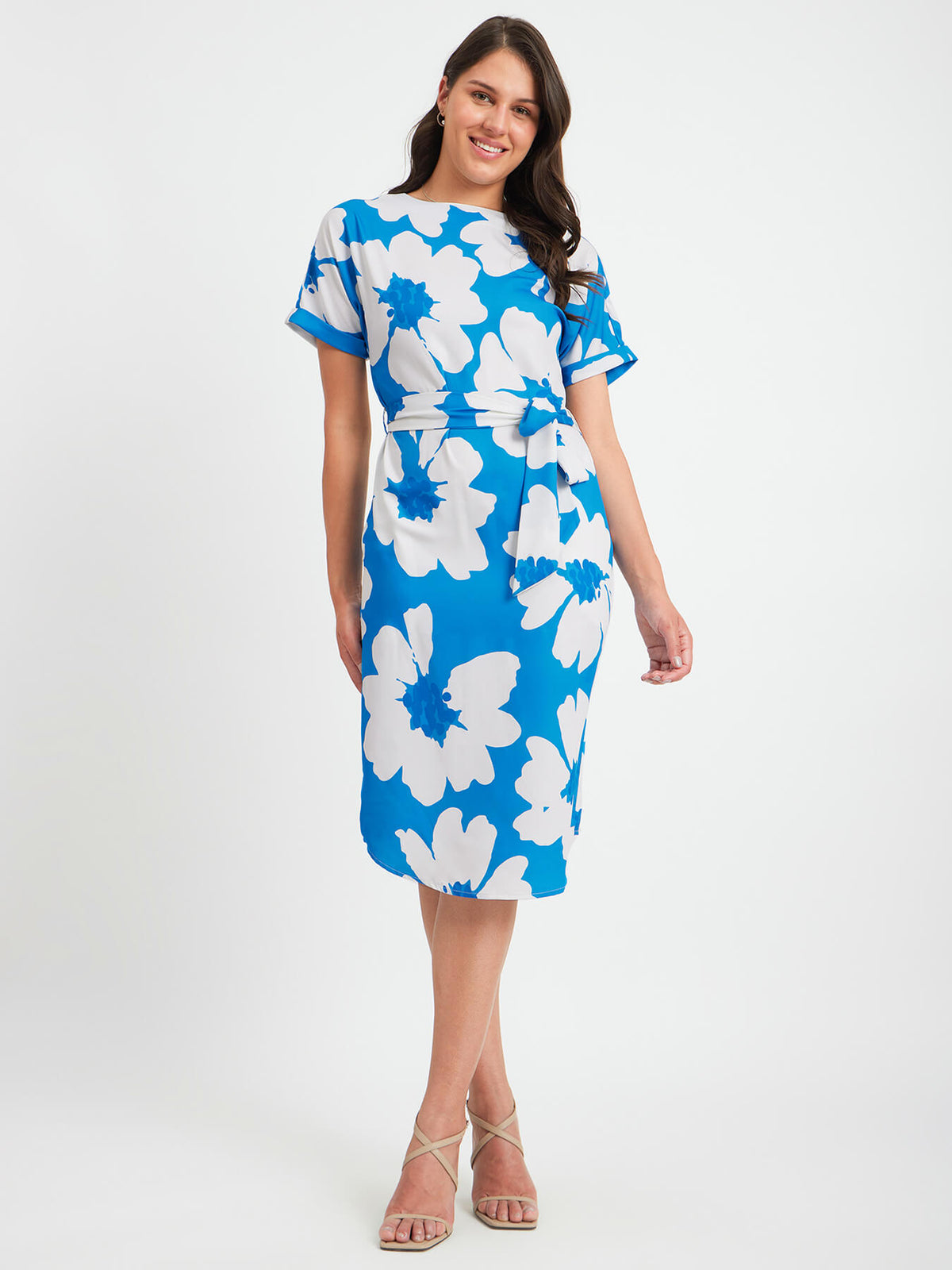 Floral Print Drop Shoulder Dress - Blue And White