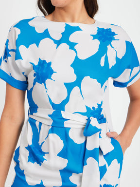 Floral Print Drop Shoulder Dress - Blue And White