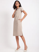 Checkered Boat Neck Dress - Beige And White