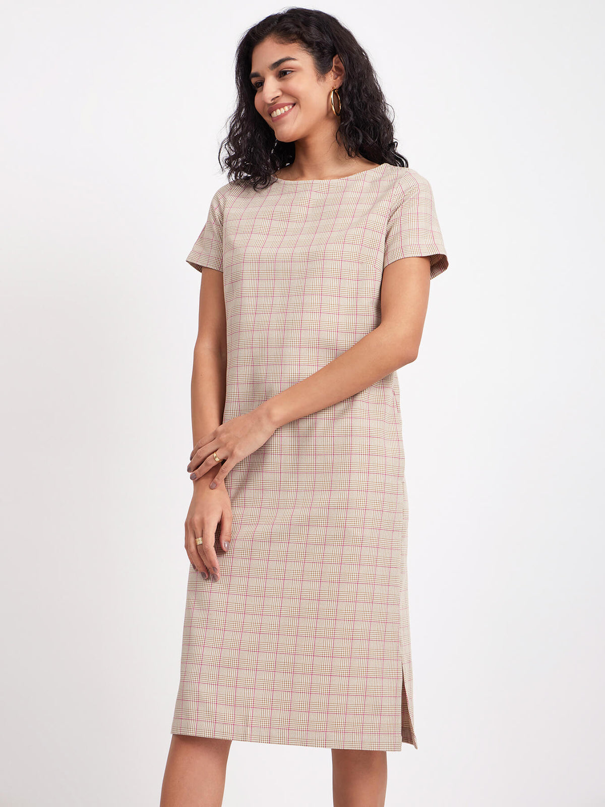 Checkered Boat Neck Dress - Beige And White