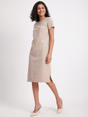 Checkered Boat Neck Dress - Beige And White