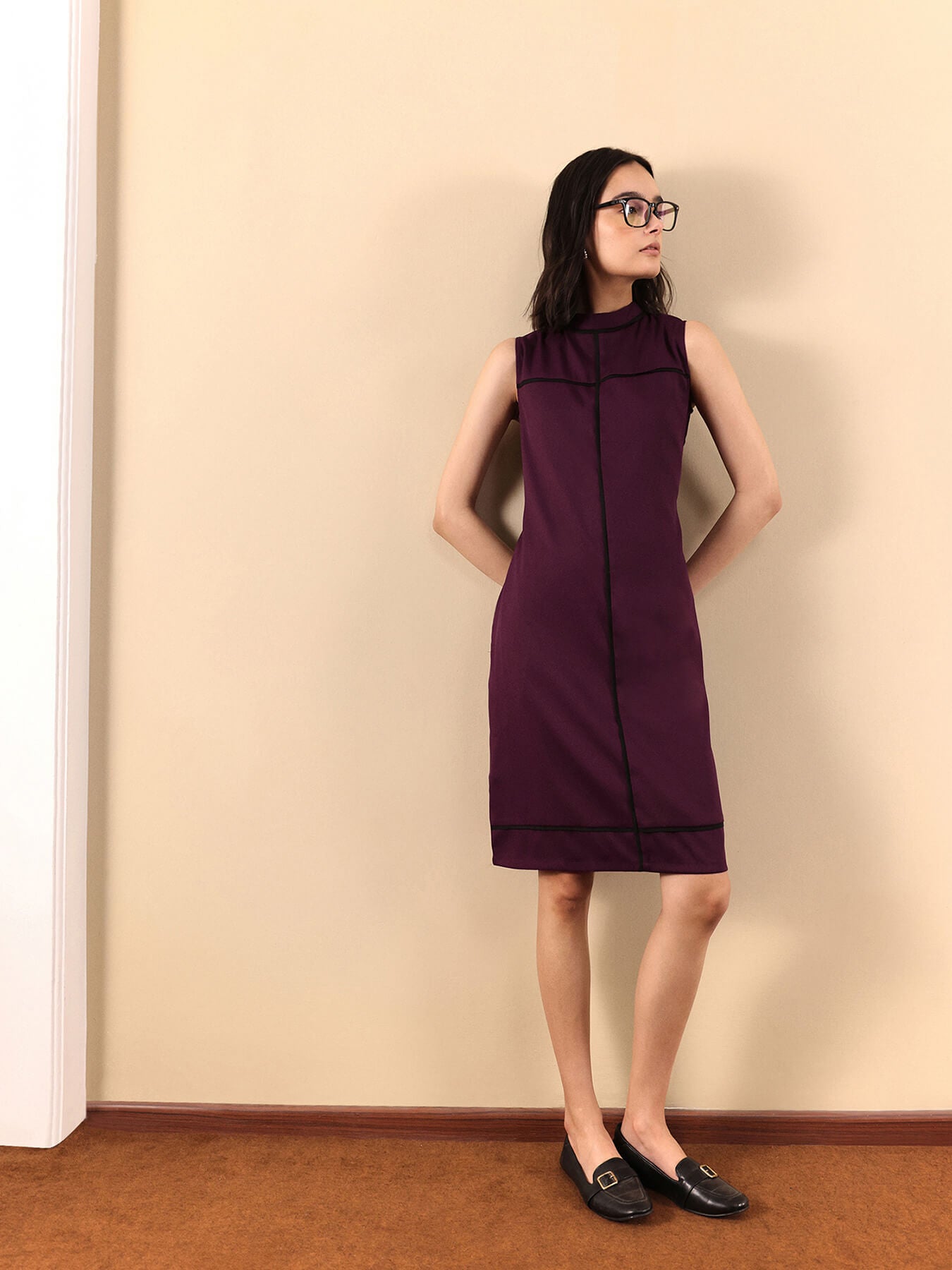 High Neck Piping Detail Shift Dress - Maroon