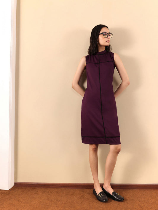 High Neck Piping Detail Shift Dress - Maroon