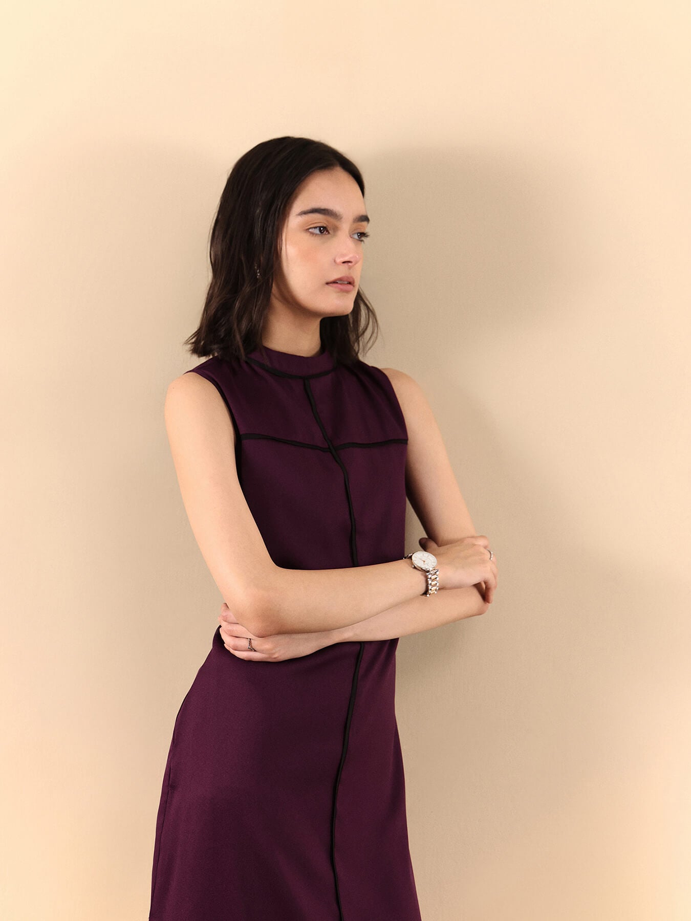 High Neck Piping Detail Shift Dress - Maroon