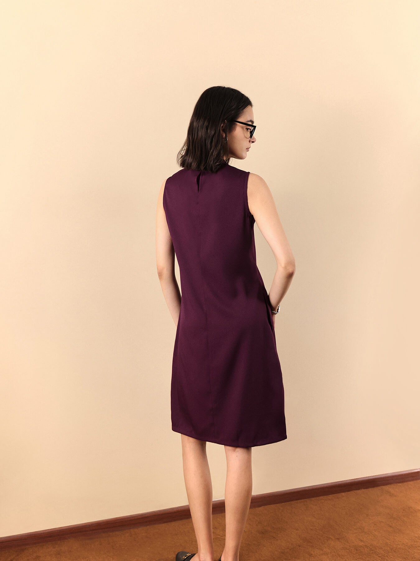 High Neck Piping Detail Shift Dress - Maroon