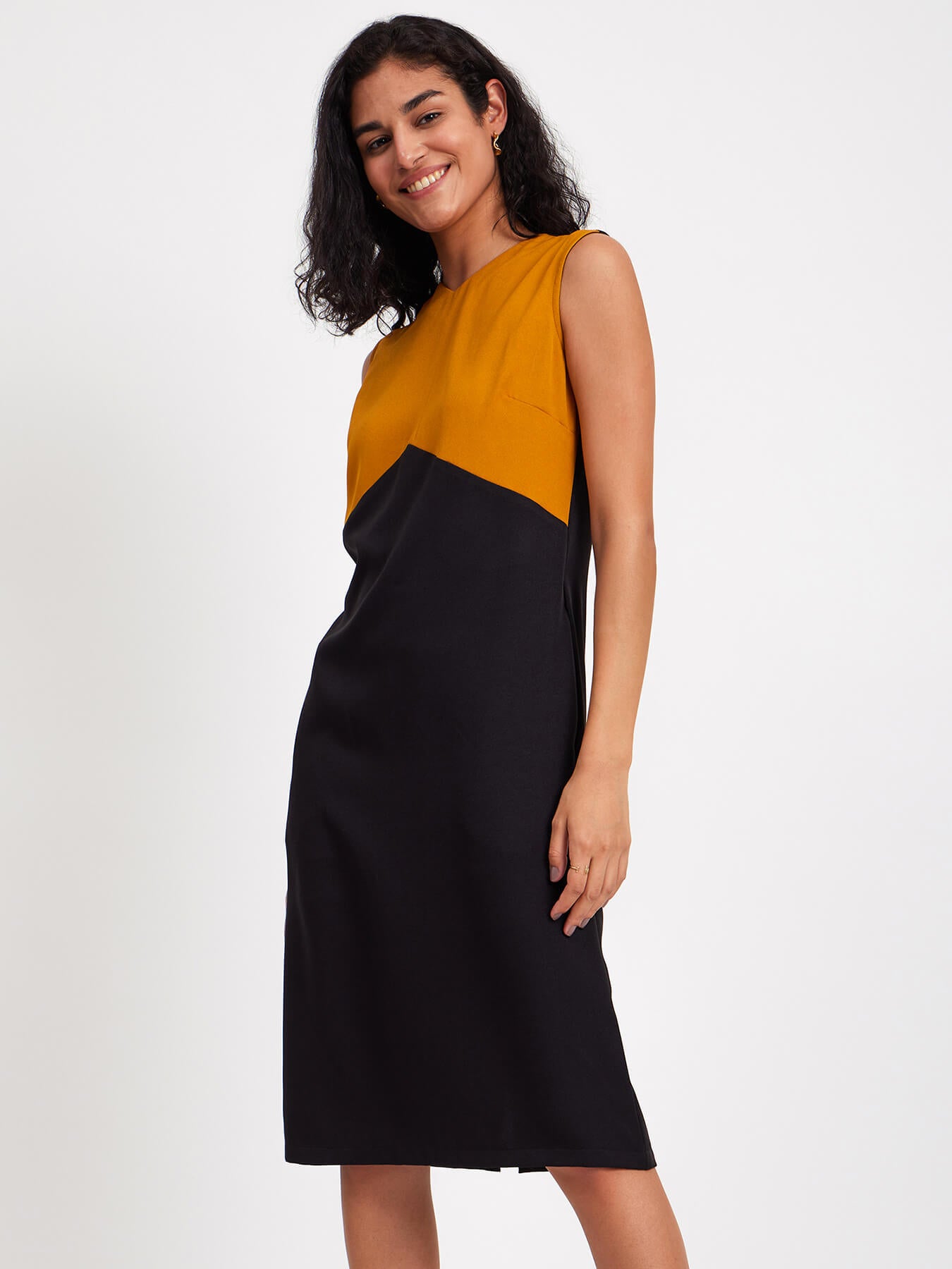 Colour Block V Neck Dress - Mustard And Black