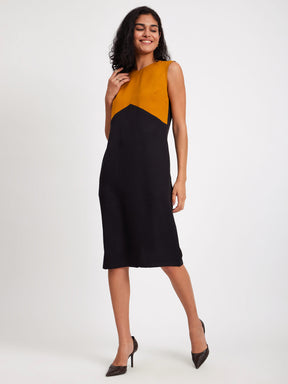 Colour Block V Neck Dress - Mustard And Black