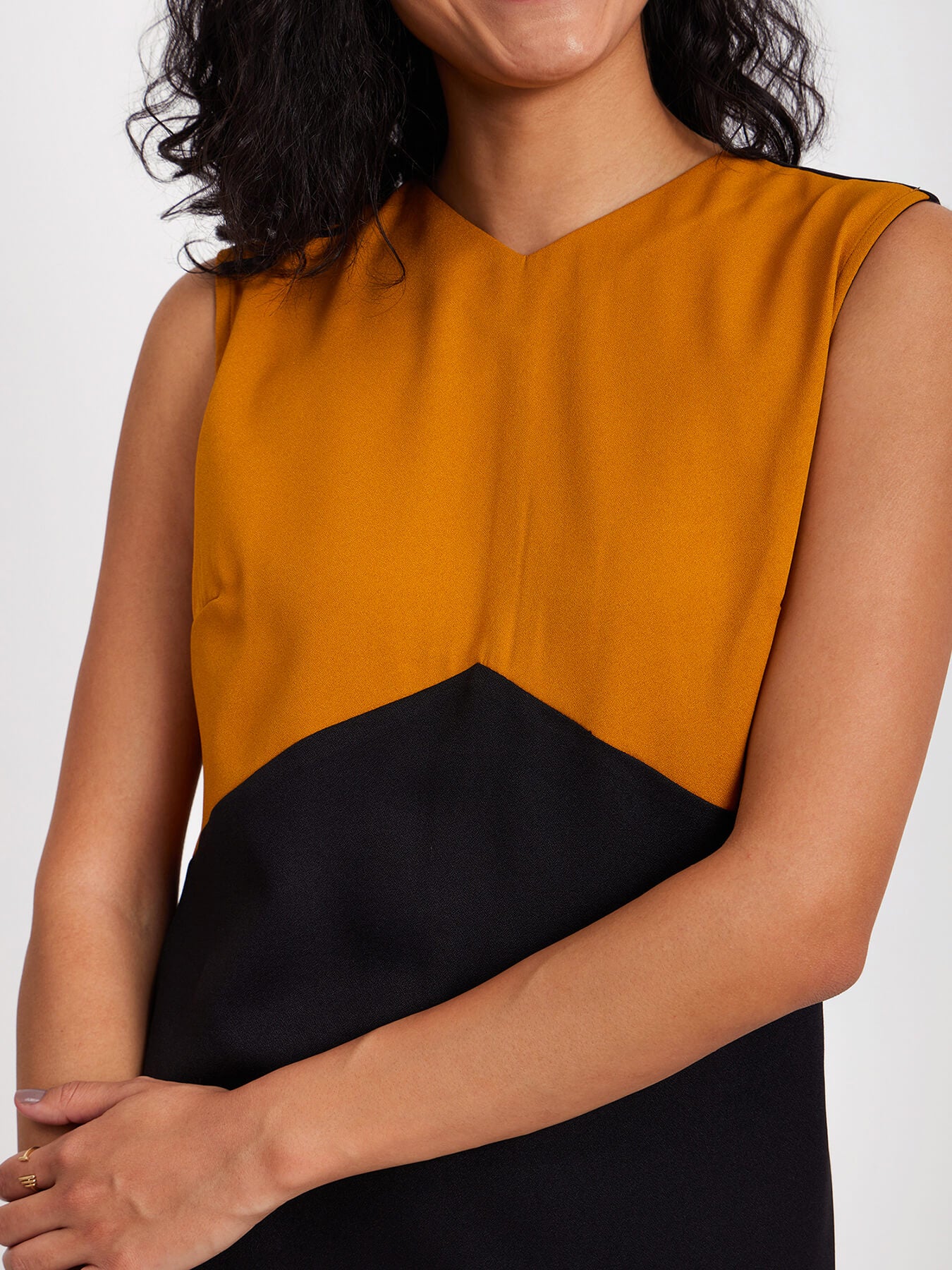 Colour Block V Neck Dress - Mustard And Black