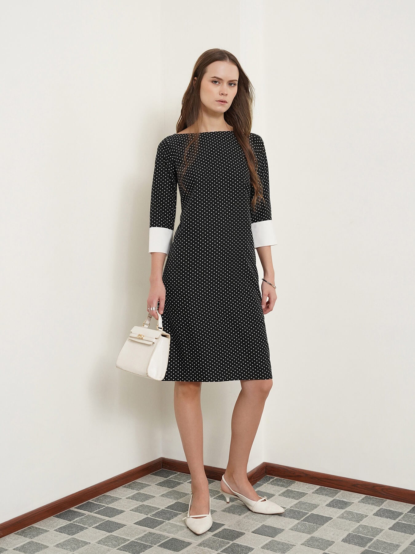 Colour Block Polka Dot Shift Dress - Black and White