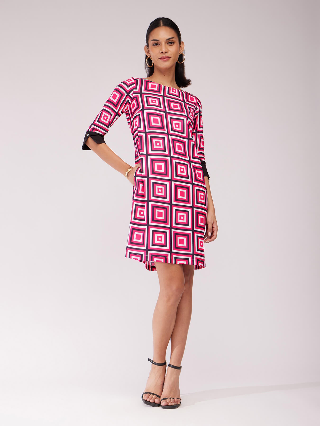 Round Neck Shift Dress - Fuchsia